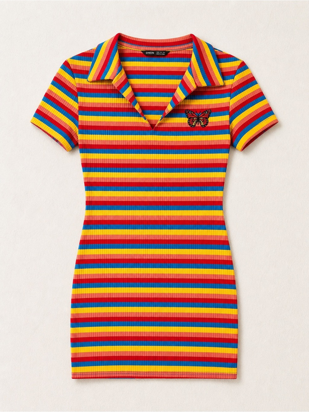 SHEIN Rainbow Striped Bodycon Dress Butterfly Y2K Collared Mini Bright Colorful
